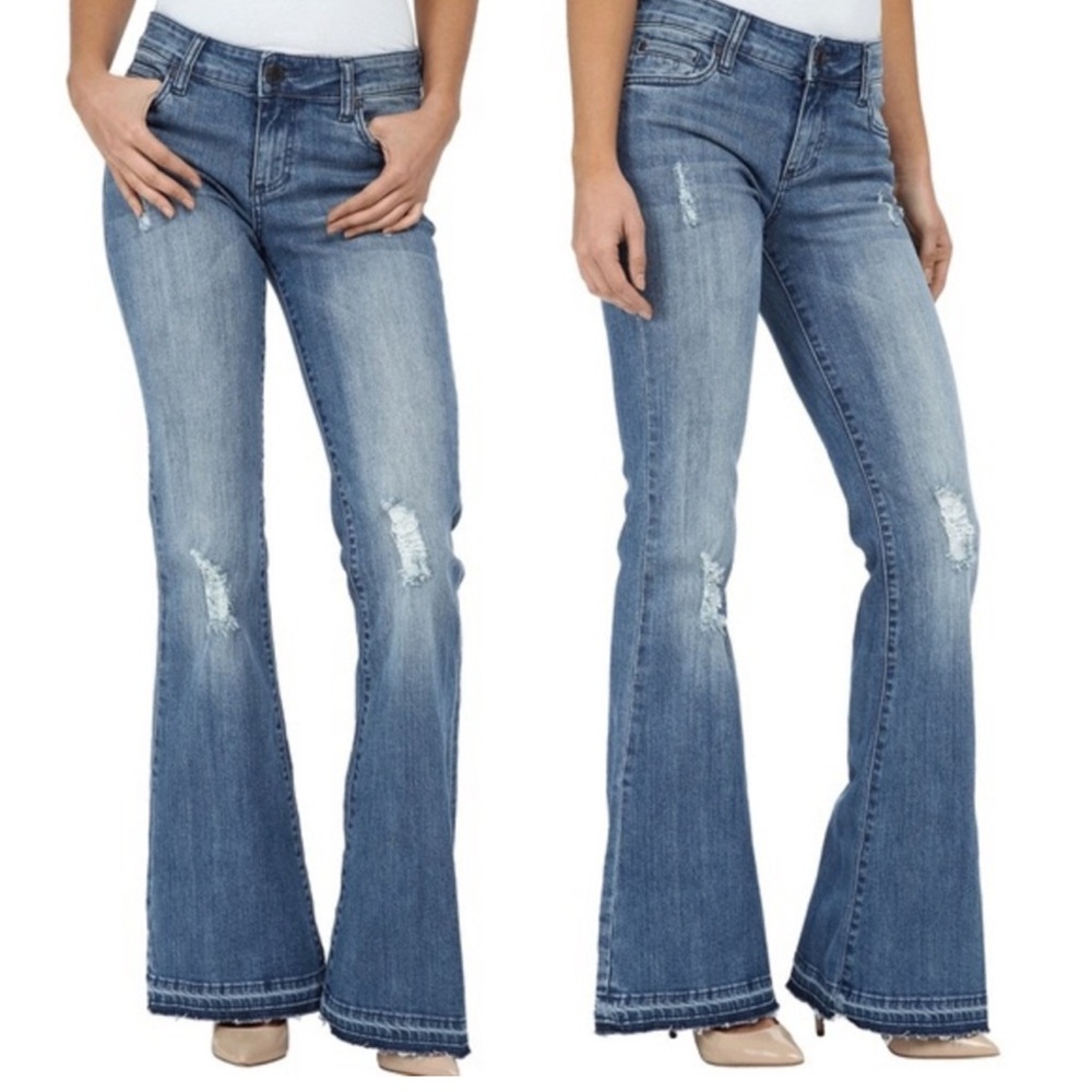Kut from the Cloth Elena Super Flare Raw Hemmed Long Jeans sz‎ 14 NWT